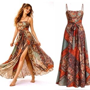NWT Organic Viscose Boho Maxi Dress | Adjustable Wrap Palazzo Gown with Slits